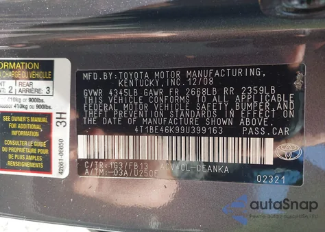 2009 Toyota Camry Le z USA, uszkodzony, nr VIN 4T1BE46K99U399163